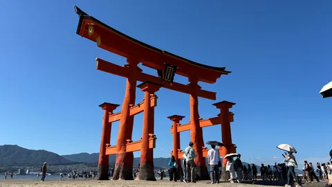 空と朱色の大鳥居、静かな潮干狩りの午後
