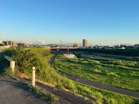夕暮れの川沿いの静景