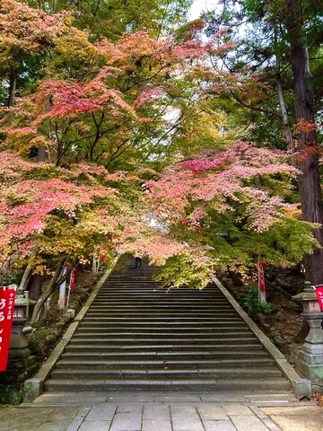 紅葉彩る石段の道