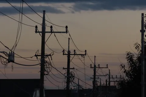 電線ジャングルと空のコントラスト