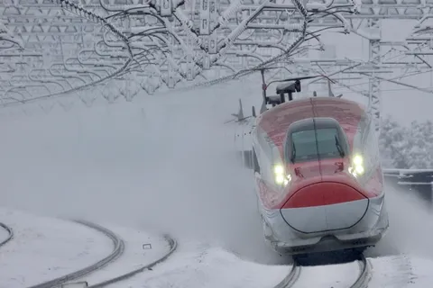 雪をかき分け進む赤い列車