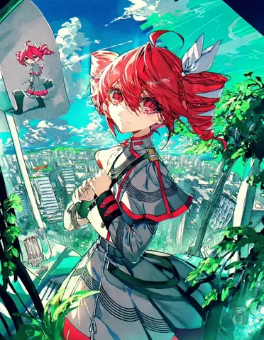 空と街に立つ、鮮烈な赤の少女