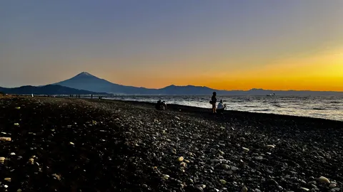 茜色に染まる海岸と富士