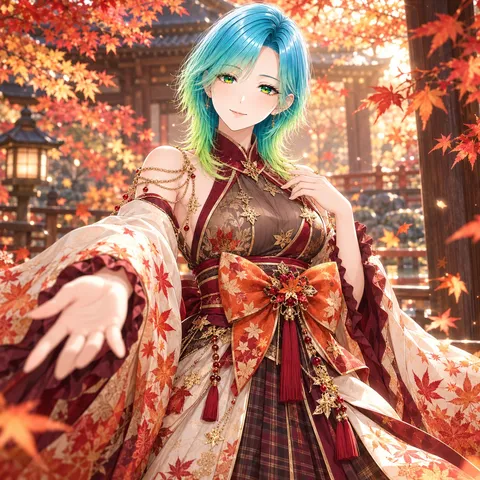 紅葉に映える青緑の風