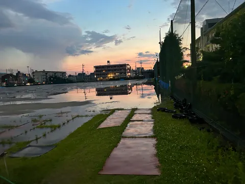 夕暮れの水たまりが映す空