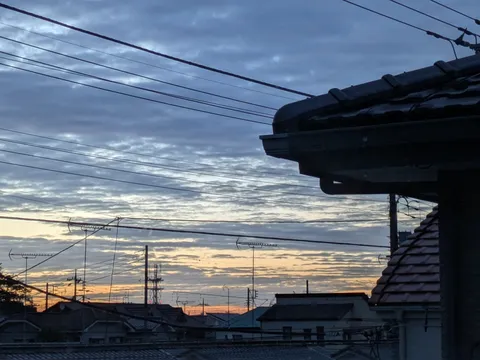 電線と空、静かな夜明け