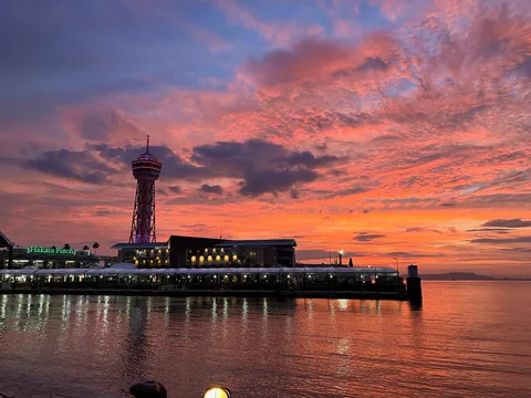 港を彩る夕焼け空とタワー