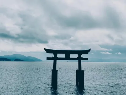 湖面に立つ静寂の鳥居
