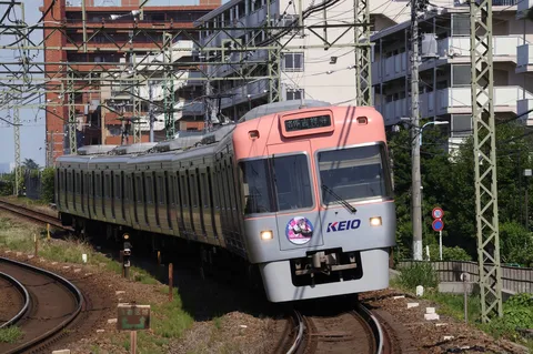 カーブを曲がるピンクの列車