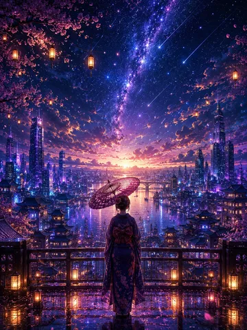 星空と灯りの都に佇む