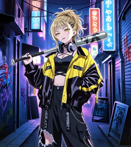 夜のネオンに佇むストリートスタイル