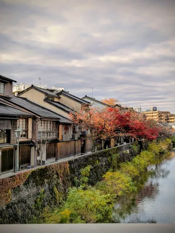 川沿いを彩る紅葉の家並み