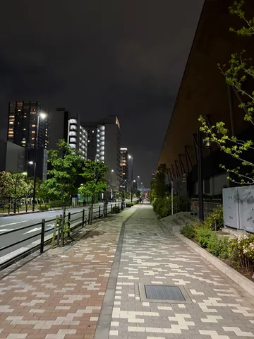 光が続く都会の夜道