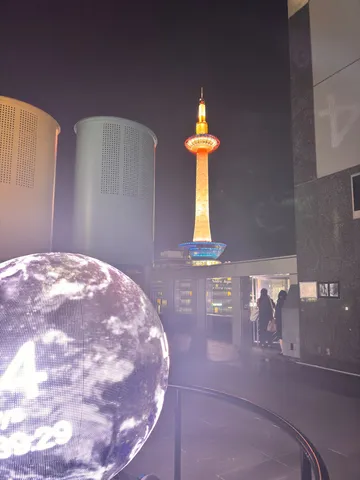 夜景と未来的な球体、都会の煌めき