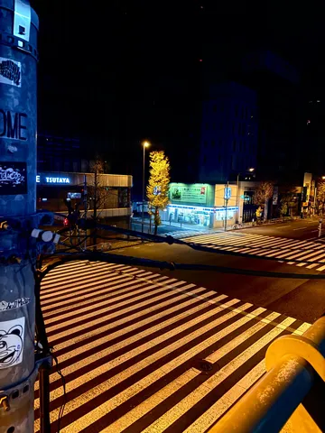 夜の交差点、光と影のストライプ