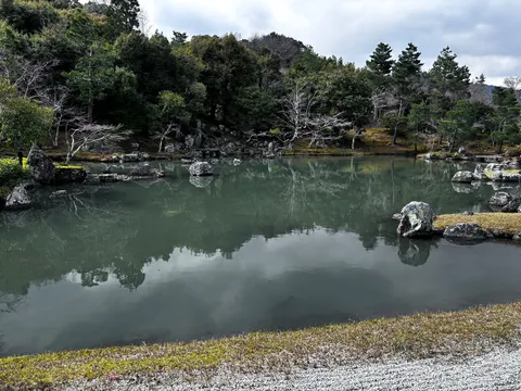 水鏡に揺れる緑と岩