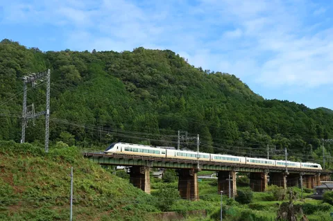 山路を走る白い列車