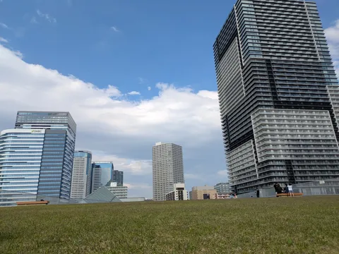 青空と緑の絨毯、摩天楼の風景