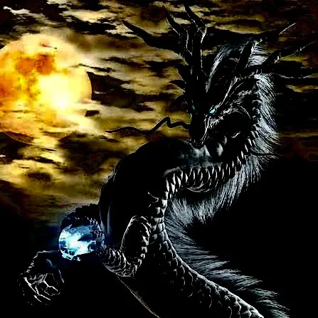 闇夜に浮かぶ竜と青い球