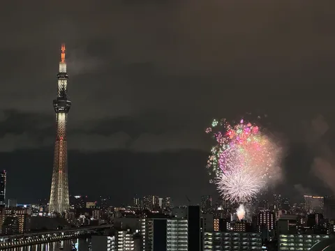 都会の夜空に咲く花とタワー
