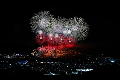 夜空を彩る花火の群れ