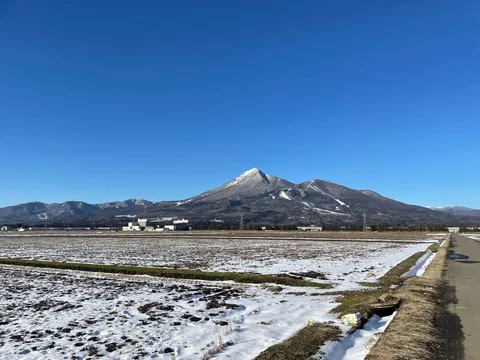 冬の山と雪化粧の畑