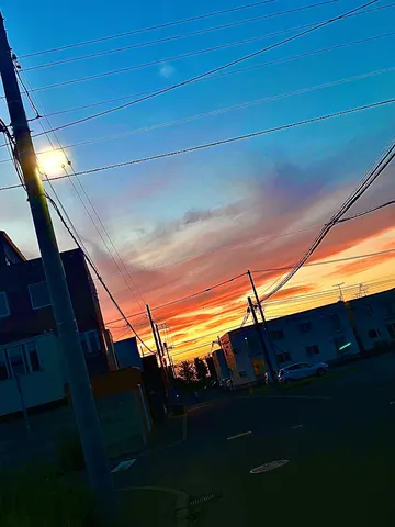 電線と夕焼けのコントラスト