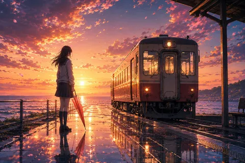 水面に映る茜空の駅