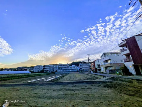 夕暮れの町と畑の間