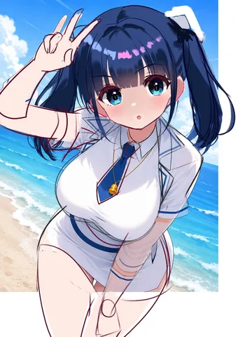 夏の海辺でピースサイン！