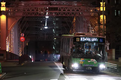 夜の橋と緑のバス