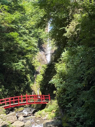 深緑の滝と赤い橋
