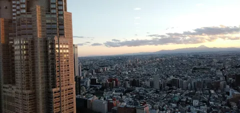夕暮れの摩天楼と遠くの霊峰