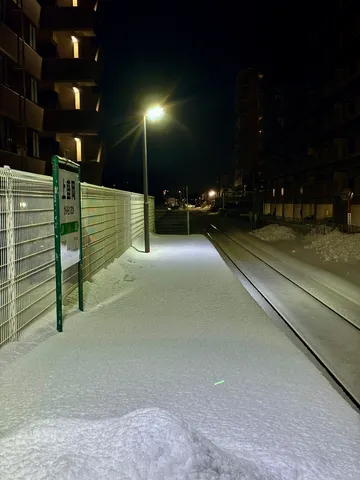 雪夜の静寂、街灯と線路
