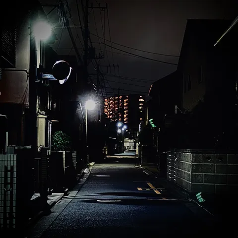 夜の路地に浮かぶ光影