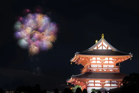 古刹を照らす夜空の花