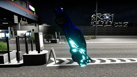 夜の街角に浮かぶ青い車の一瞬