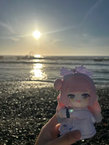夕陽とぬいぐるみの海辺散歩