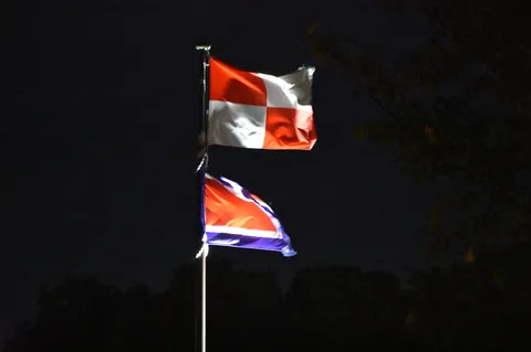 夜風に揺れる二つの旗