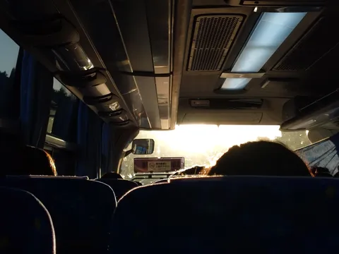 朝の光が踊るバス内
