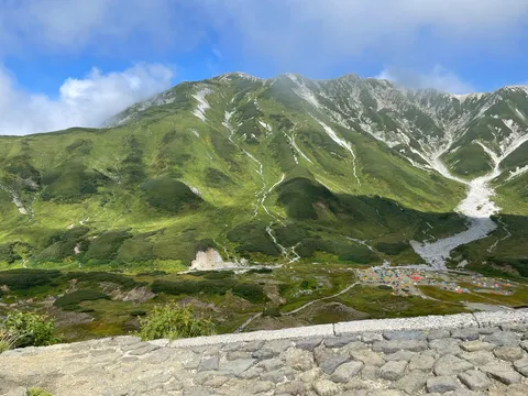 山裾の緑とテント