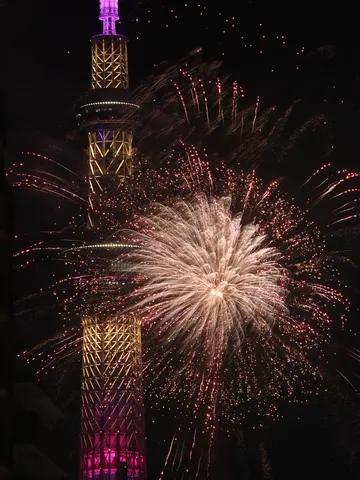 夜空を飾る大輪の花火とタワー