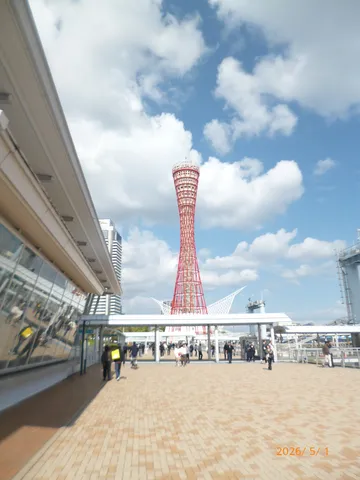 空とタワー、歩く人々
