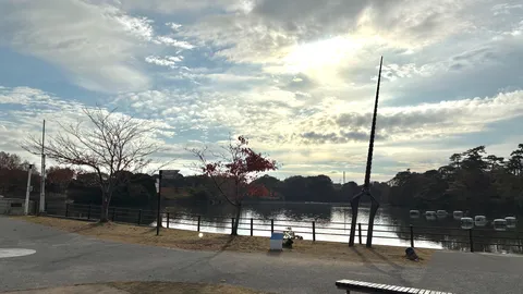 雲間から差し込む光と静寂の池