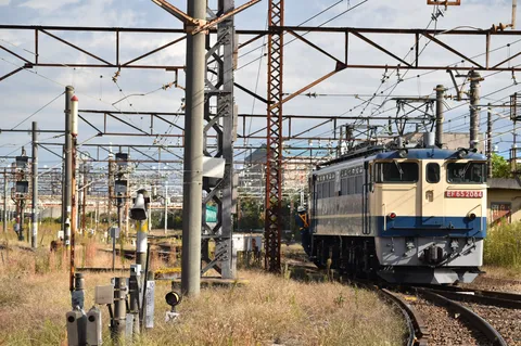 架線の網を抜ける電気機関車