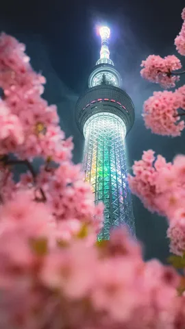夜空に咲く虹色の塔と桜