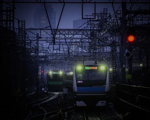 夜の線路に光る列車群