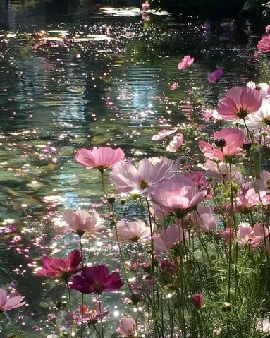 水辺に咲く光の花々