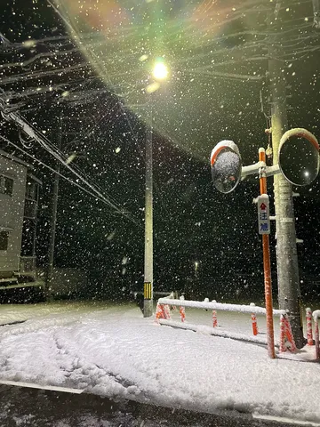 粉雪舞う夜の交差点
