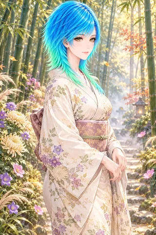 青髪が映える花の小径